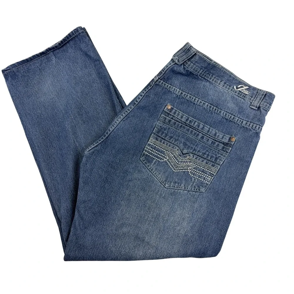 Jinzu Jeans Mens 44x32 Blue‎ Relaxed Fit Straight Denim Studded Back 46 Tag